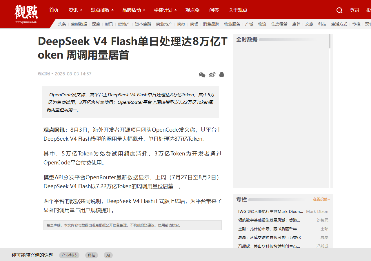 DeepSeek V4-Flash 单日处理 8 万亿 Token：5 万亿来自免费试用，火爆背后是「甜蜜的负担」 相关报道页面