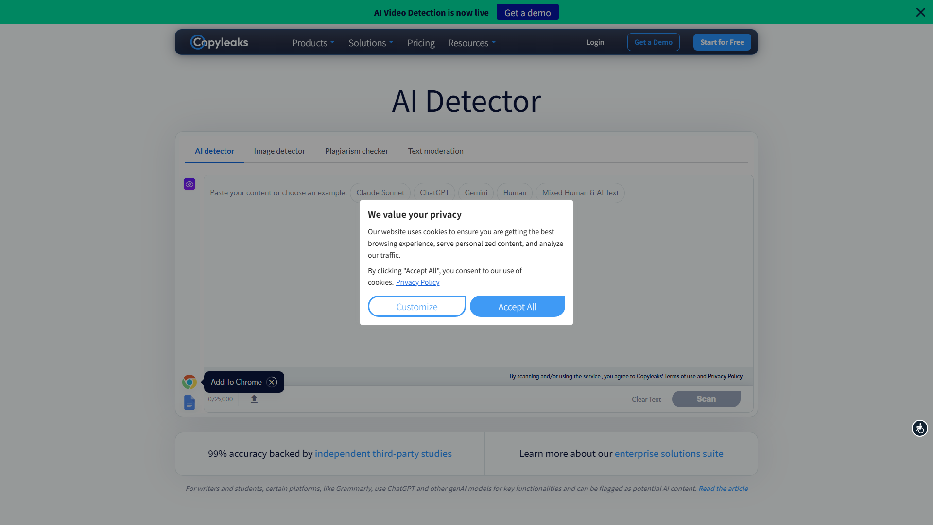 Copyleaks AI Detector 官网首页截图(2026-09-17 采集)
