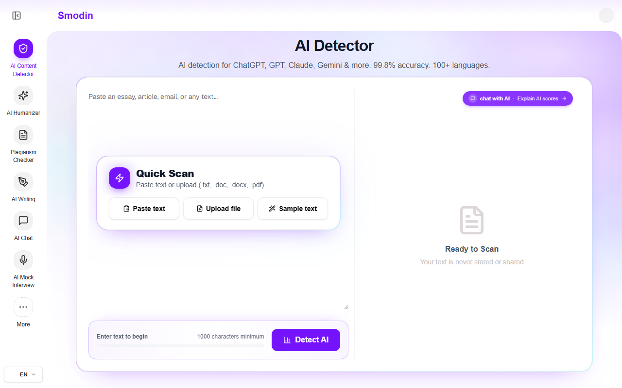 Smodin AI Detector 官网截图